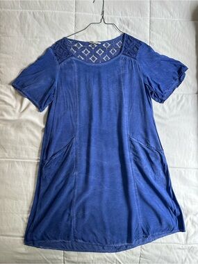 Cobalt Blue Lace-Yoke Short Sleeve Tee Shirt Dress with Pockets